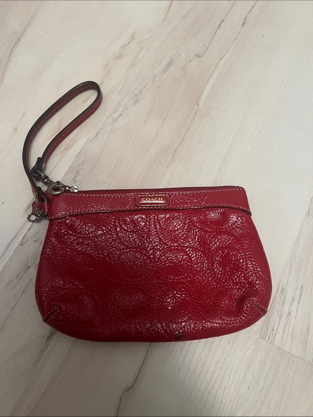 Coach Red Leather Wristlet Clutch with Signature Texture